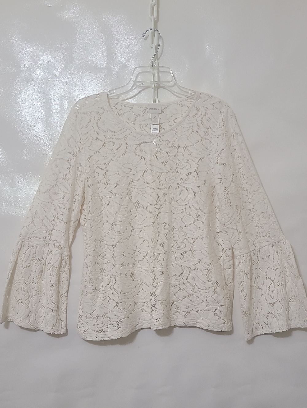 Chico's Ivory Floral Lace Bell-Sleeve Cotton/Nylon Blouse - Size L (Chico's 2)